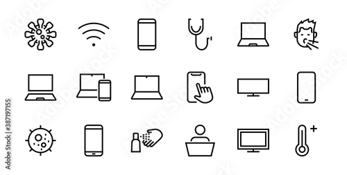 SMART devices and gadgets linear icons set, vector, contains icons computer, camera, laptop, phone, web devices, electronic appliances, and much more. Editable stroke