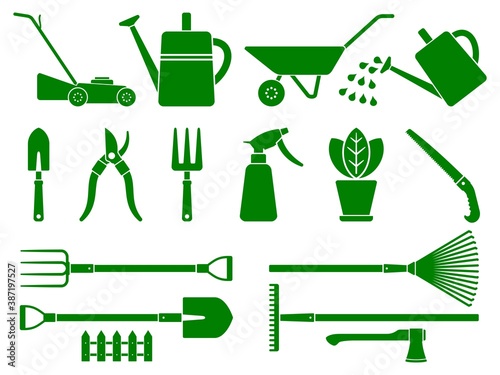 Set Of stylized garden tools. 
Gardening instruments. Various stylized garden tools isolated on white background. Garden equipment set. Vector illustration.