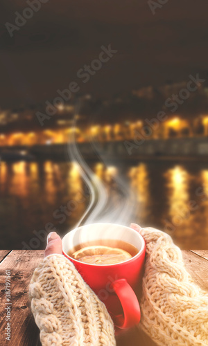 Autumn background, hot cup ...