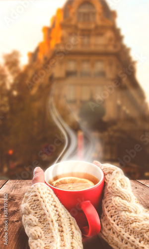 Autumn background, hot cup ...