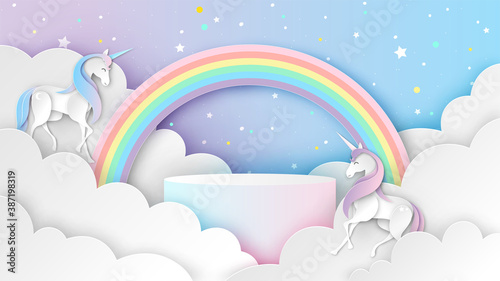 Circle stage podium scene couple Unicorn on beautiful sky with rainbow. Couple Unicorn on beautiful sky. paper cut and craft design. vector, illustration.
