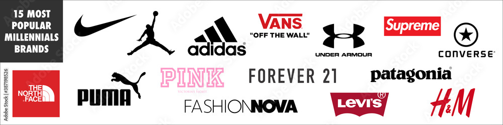 Top 15 most popular clothing brands for Millennials generation. Logo ...