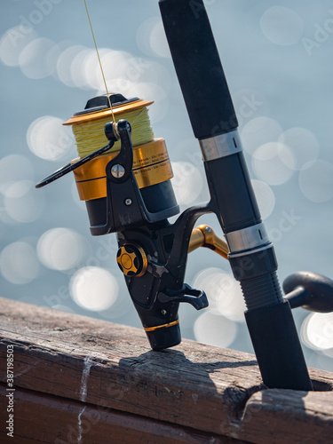 fishing rod and reel at fishing pier