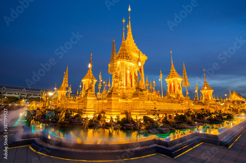 Light up of The royal funeral pyre for HM King Bhumibol Adulyadej at Sanam Luang prepared to be used as The royal funeral, Bangkok, Thailand.