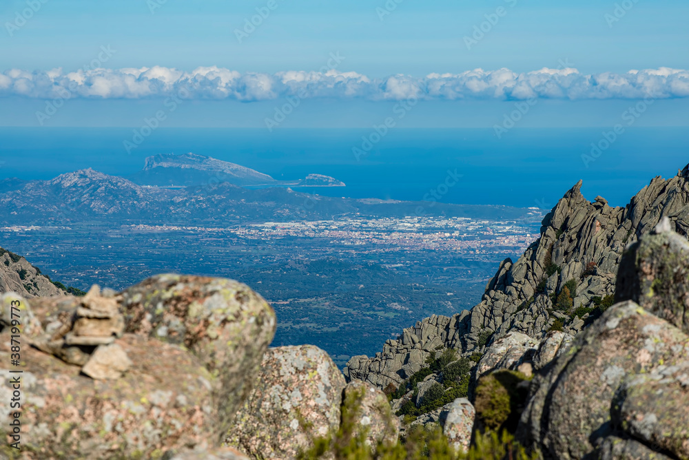 Panoramic view from Monte Limbara of Olbia and the promontory of Capo Figari, Sardinia - Italy