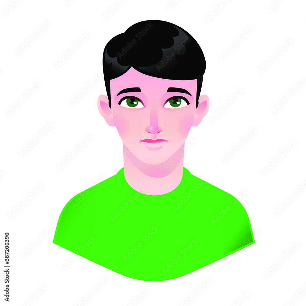 Boy illustration. Vector. Young child. Character for advertising and design. Bright image with big eyes. Profile avatar.