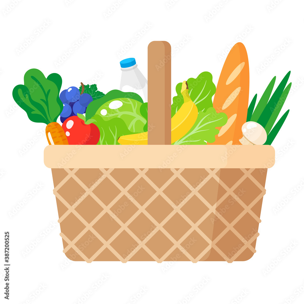 Vector cartoon illustration of wicker picnic basket with healthy ...