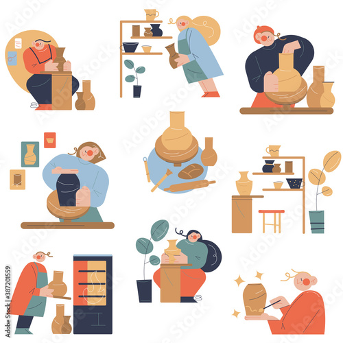 Set of people making jugs and dishes from clay in pottery studio