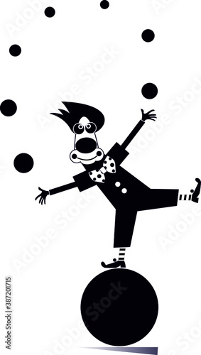 Funny clown equilibrist juggles balls illustration. Cartoon clown balances on the big ball and juggles the balls black on white
