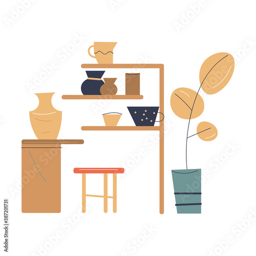 Interior of modern pottery studio with tools and equipment for making ceramics from clay
