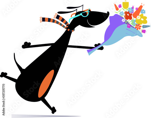 Running dog with a bunch of flowers illustration. Cartoon lucky dog falls in love and hurries to give a bunch of flowers isolated on white illustration
