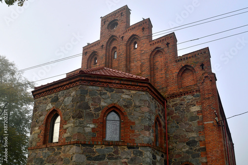 built in 1886 in the neo-Gothic style, the Catholic Church of the Blessed Virgin Mary in Burkat in Warmia and Masuria in Poland