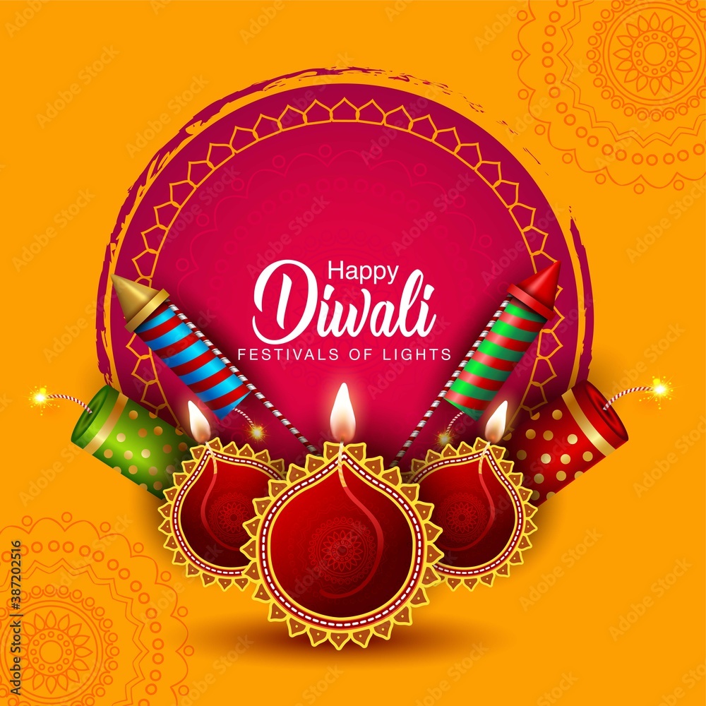 Happy Diwali celebration background. Top view of banner design decorated  with fire crackers on yellow background. vector illustration Stock Vector |  Adobe Stock