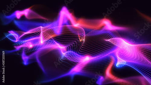 Abstract techno background illustration. Glowing wavy line particles with beautiful bokeh. Modern creative 3d concept artwork