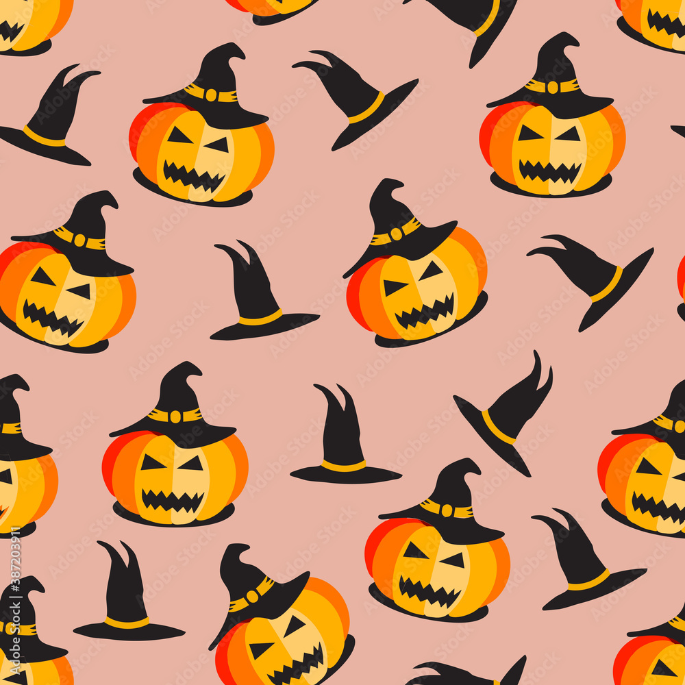 Vector seamless Halloween pattern. Halloween pumpkin background. Halloween pumpkin in a witch hat. Vector illustration.