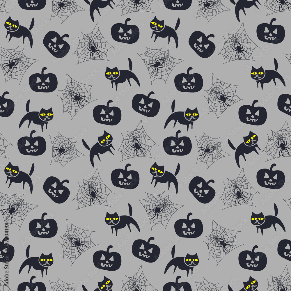 Vector seamless pattern for Halloween with cat and pumpkin.