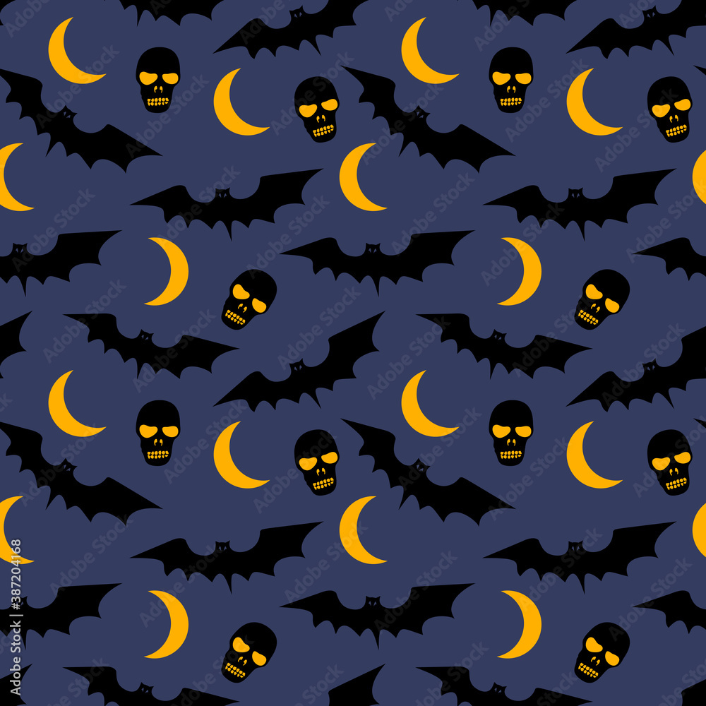 Vector seamless pattern with bats, moons, skulls and trees.