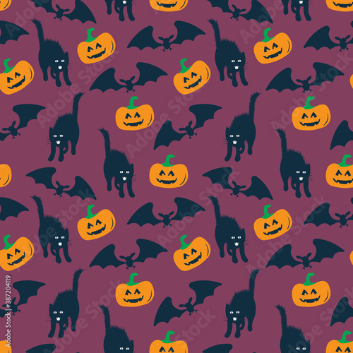 Fototapeta Naklejka Na Ścianę i Meble -  Halloween Pattern, Seamless Pattern with Pumpkins, Bats and Cats on Dark Blue, Halloween Background Repeat, Surface Pattern Halloween party, October Holiday Decorations Vector
