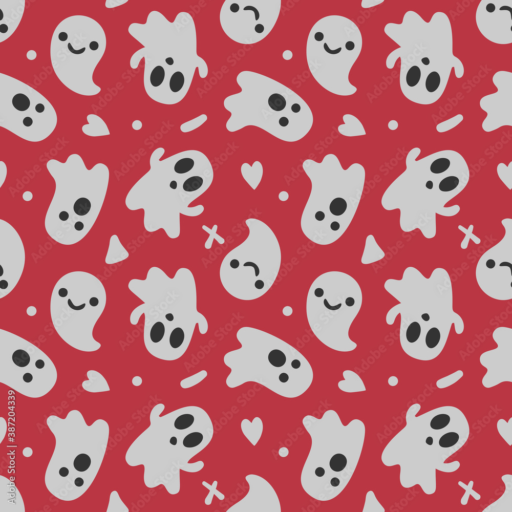 Halloween background. Seamless pattern of cute cartoon ghosts with different faces.