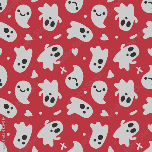 Halloween background. Seamless pattern of cute cartoon ghosts with different faces.