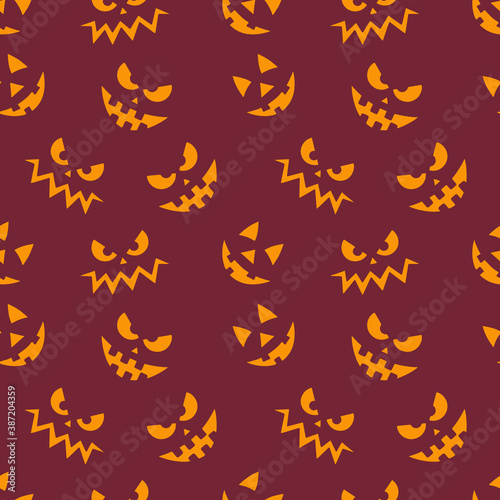 Seamless pattern with cute little cartoon ghosts. White ghosts on orange background. Halloween illustration. Pattern for paper, textile, game, web design.