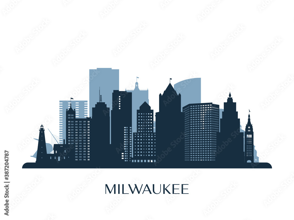 Milwaukee skyline, monochrome silhouette. Vector illustration. - obrazy, fototapety, plakaty 