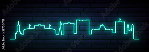 Blue neon skyline of Green Bay. Bright Green Bay City long banner. Vector illustration.