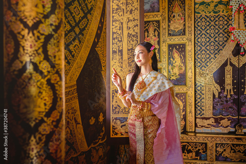 Luxury portrait of a beautiful Thai girl in traditional thai costume, identity culture of Thailand, identity culture of Asia