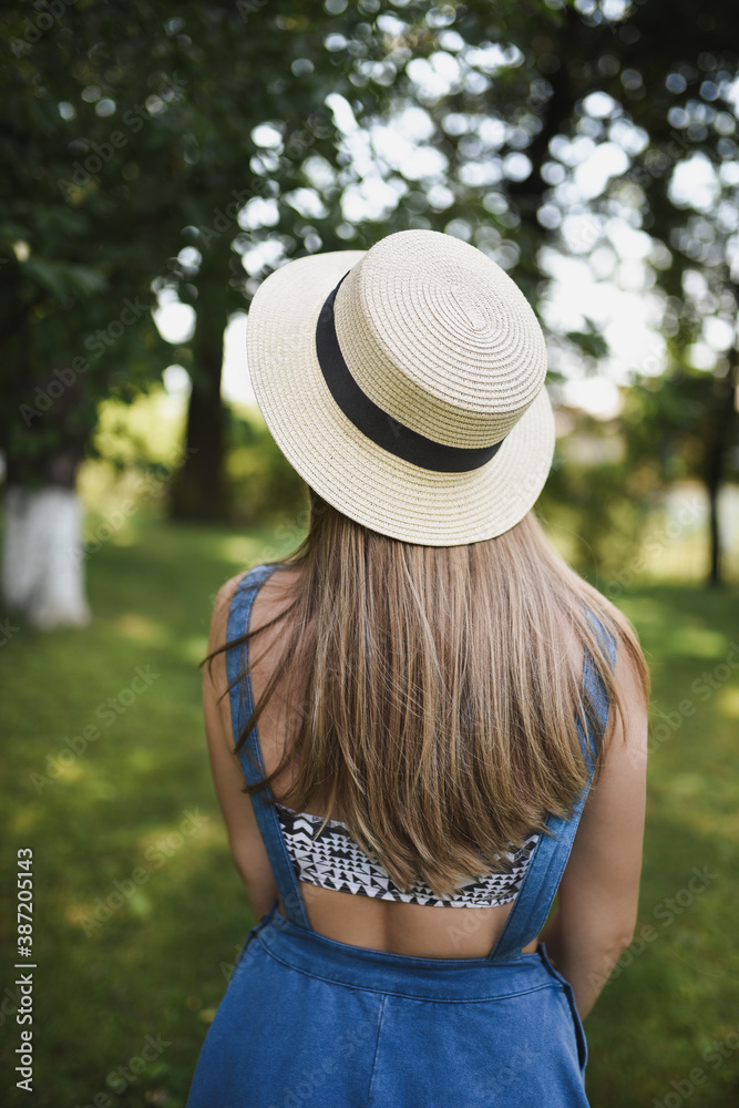 Boater hat for woman. Summer fashion. Female headdress the girl on the head.