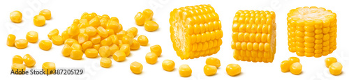 Foto Corn set isolated on white background. Kernels and sliced cobs