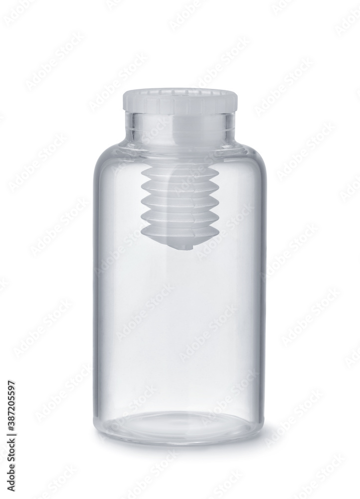 Empty clear glass medical pills bottle Empty clear glass medical pills bottle