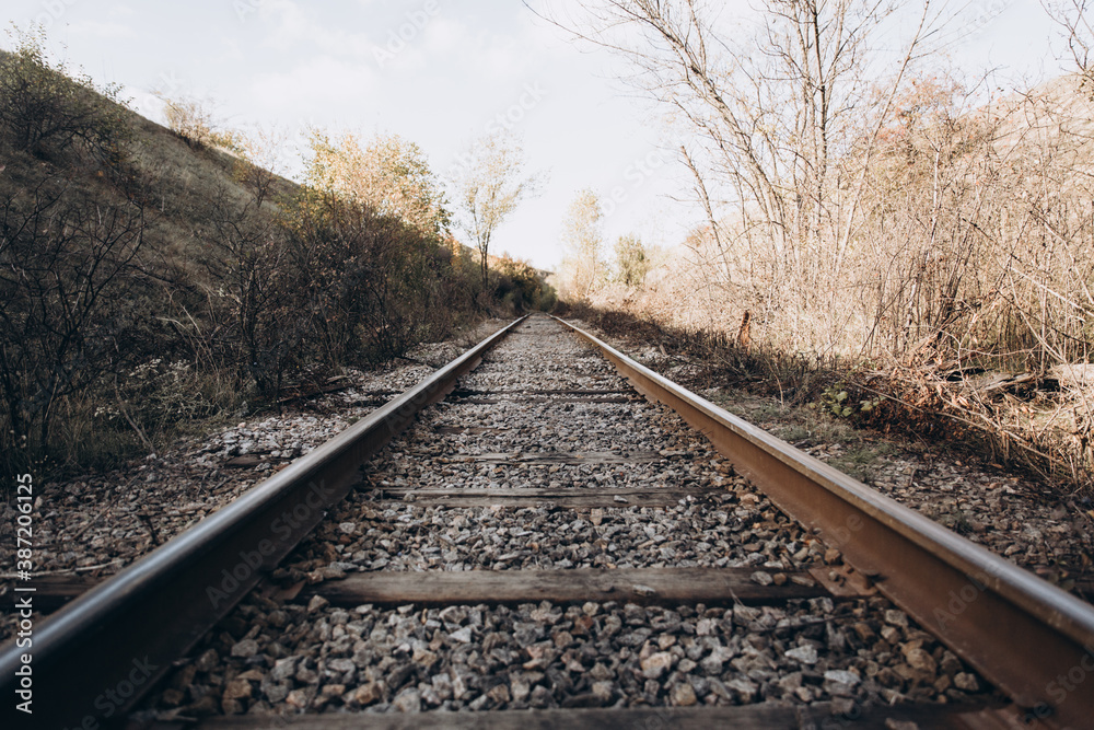 Obraz premium Metal rails, sleepers, railway, autumn