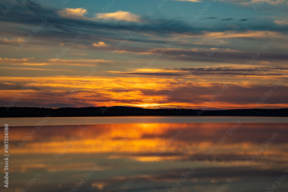 Yngen lake, sunset, cloud reflection