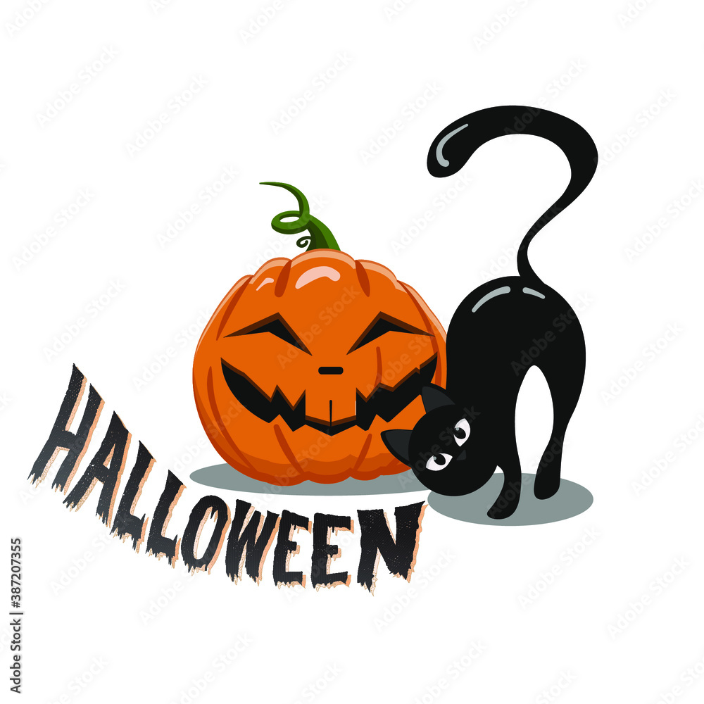 Vector illustration of a pumpkin on a white background. The main symbol of the happy Halloween holiday. Orange laughing pumpkin with black cat for your greeting card and Halloween sticker design Vector illustration of a pumpkin on a white background. The main symbol of the happy Halloween holiday. Orange laughing pumpkin with black cat for your greeting card and Halloween sticker design