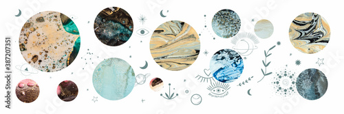 Vector illustration set of moon phases. Different stages of moonlight activity in vintage engraving style. Zodiac Signs
