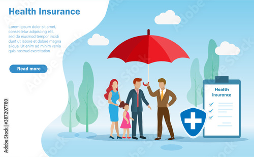 Family has protected by insurance agent holding umbrella for health protection. Idea for  health insurance business,  healthcare, medical concept.