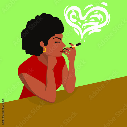 Black young woman smoking electronic cigarette vaping. Vector illustration.