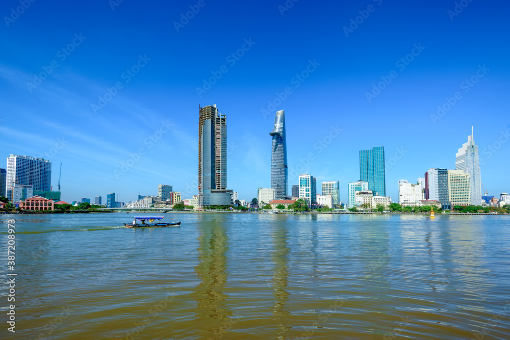 View of Hochiminh city from the banks of the Saigon River. Ho Chi Minh City, Vietnam.