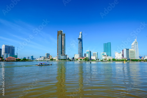 View of Hochiminh city from the banks of the Saigon River. Ho Chi Minh City  Vietnam.