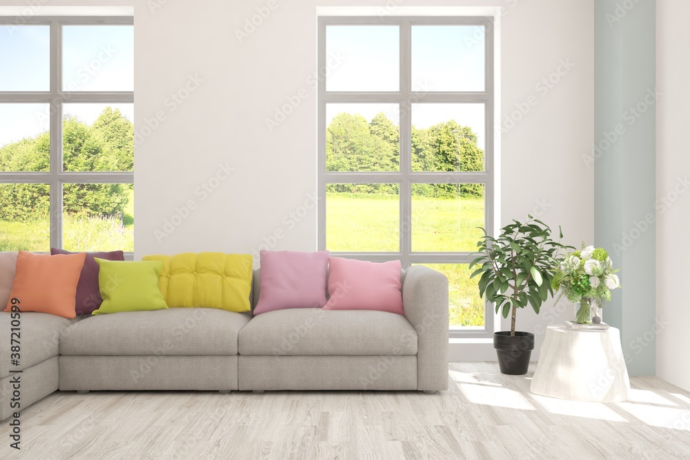 White living room with sofa and summer landscape in window. Scandinavian interior design. 3D illustration White living room with sofa and summer landscape in window. Scandinavian interior design. 3D illustration