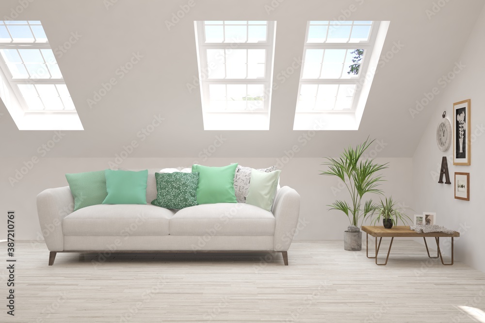 White living room with sofa. Scandinavian interior design. 3D illustration White living room with sofa. Scandinavian interior design. 3D illustration