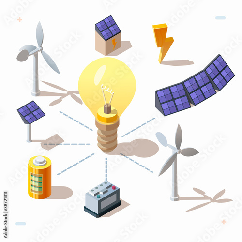 Isometric 3d set of alternative eco renewable energy sources, electric power icons. Solar panels, electric bulb, wind turbines, battery, power generator, voltage. Electrical vector symbols.