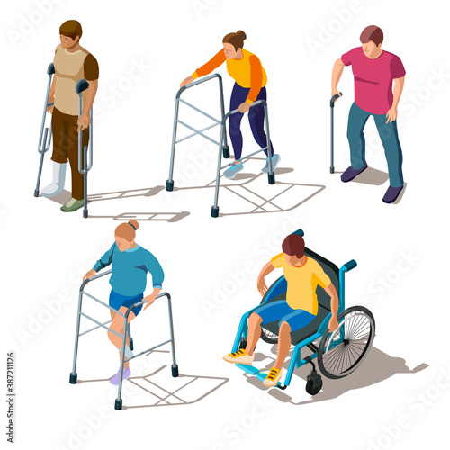 Isometric people with leg injuries, bone breaks or cracks, fracture of foot, orthopedic problems. Characters on crutches, walker, in wheelchair, with stick. Rehabilitation of musculoskeletal disorders