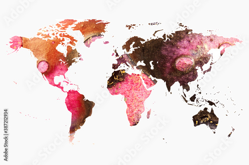 abstract colorful texture with gold. world map, silhouette of continents planet earth