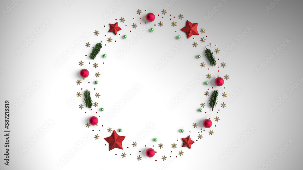 Creative Christmas layout (Christmas composition)  made of decoration, gifts and winter elements. Holiday season concept. Gifts, fir tree branches, red decorations on white background. 3d render
