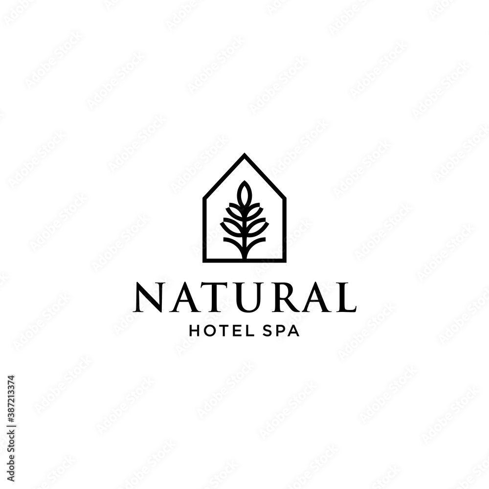 minimal and simple house icon vector logo with beautiful plant tree flower, organic house, cottage forrest design illustration 