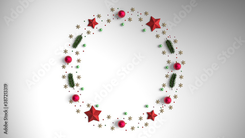 Creative Christmas layout (Christmas composition) made of decoration, gifts and winter elements. Holiday season concept. Gifts, fir tree branches, red decorations on white background. 3d render