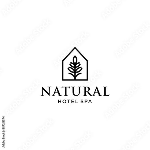 minimal and simple house icon vector logo with beautiful plant tree flower, organic house, cottage forrest design illustration 