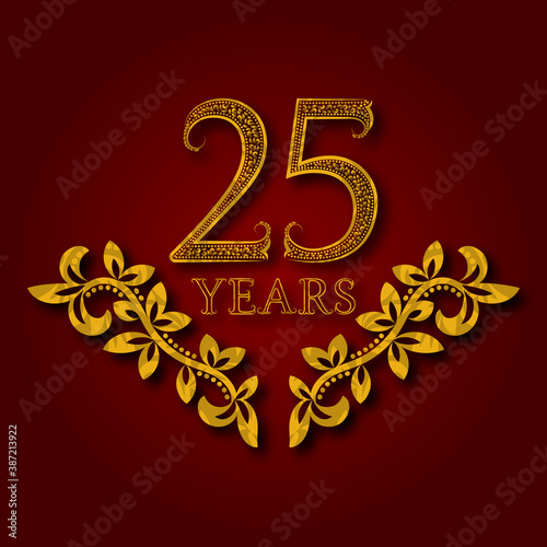 Twenty five years anniversary celebration patterned logotype. Twenty fifth anniversary vintage golden logo with shadow.