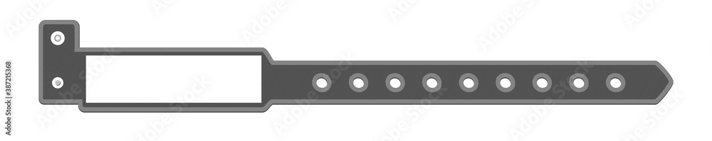 Vector plastic black empty template of bracelet or wristband for a hospital, medical center, party event festival. L shape bracelet with safety lock and place for text or logo isolated on white. Vector plastic black empty template of bracelet or wristband for a hospital, medical center, party event festival. L shape bracelet with safety lock and place for text or logo isolated on white.